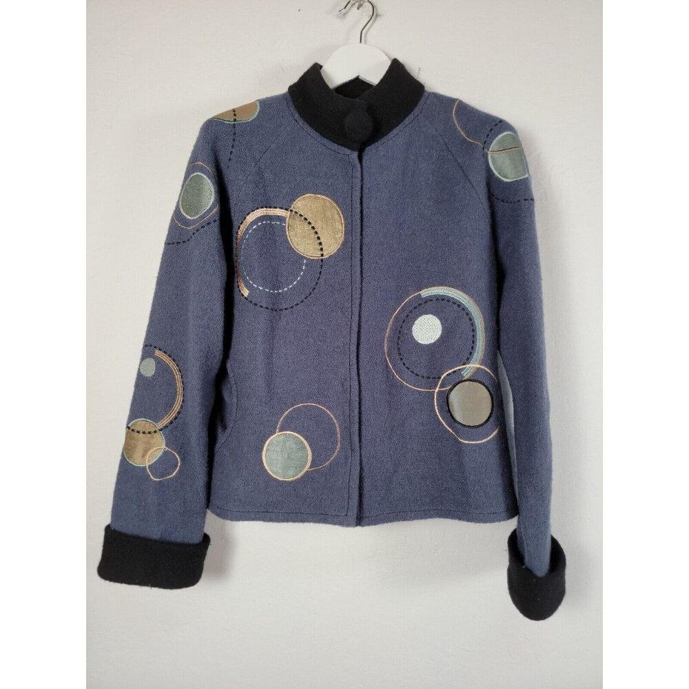 COVELO Boiled Wool Jacket Womens Large Blue Black Circles Art To Wear Pockets